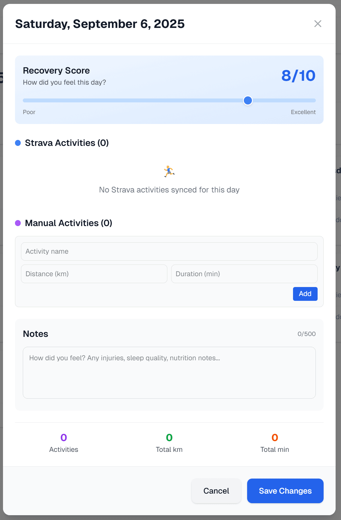 Detailed day tracking with activities, notes, and recovery scoring